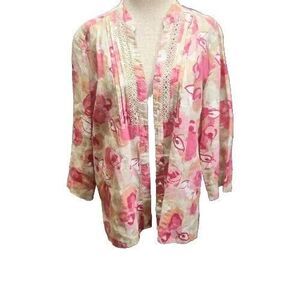 JM Collection Linen Tunic Size 18 Floral Button Up Blouse 3/4 Sleeve